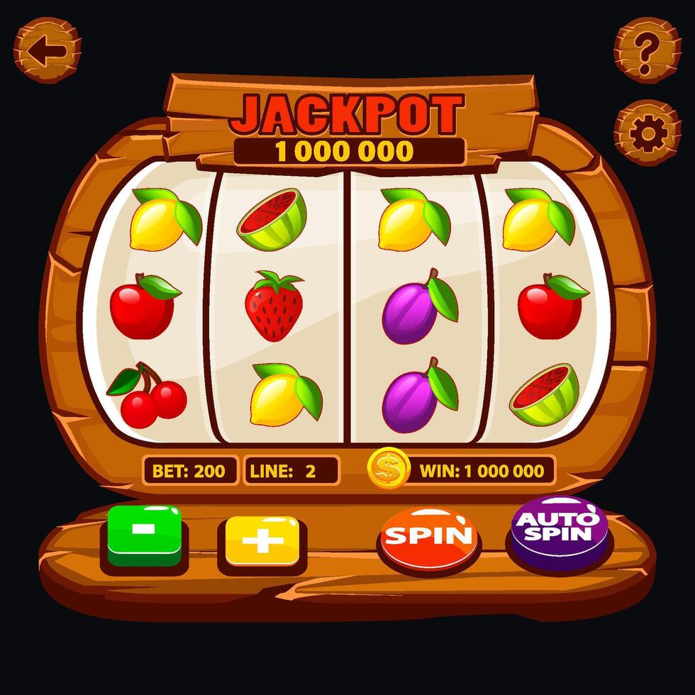 Slot machine concept illustration with spin button and coins