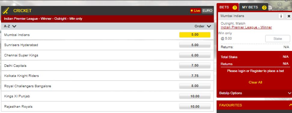 Cricket line from Dafabet